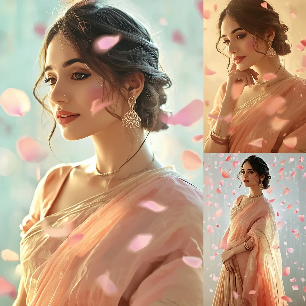 Festive Pastel Saree Dream Glow Petal Spiral Rain Collage Cinematic Aesthetic | Prompt For Gemini Ai Girl In Saree 2026