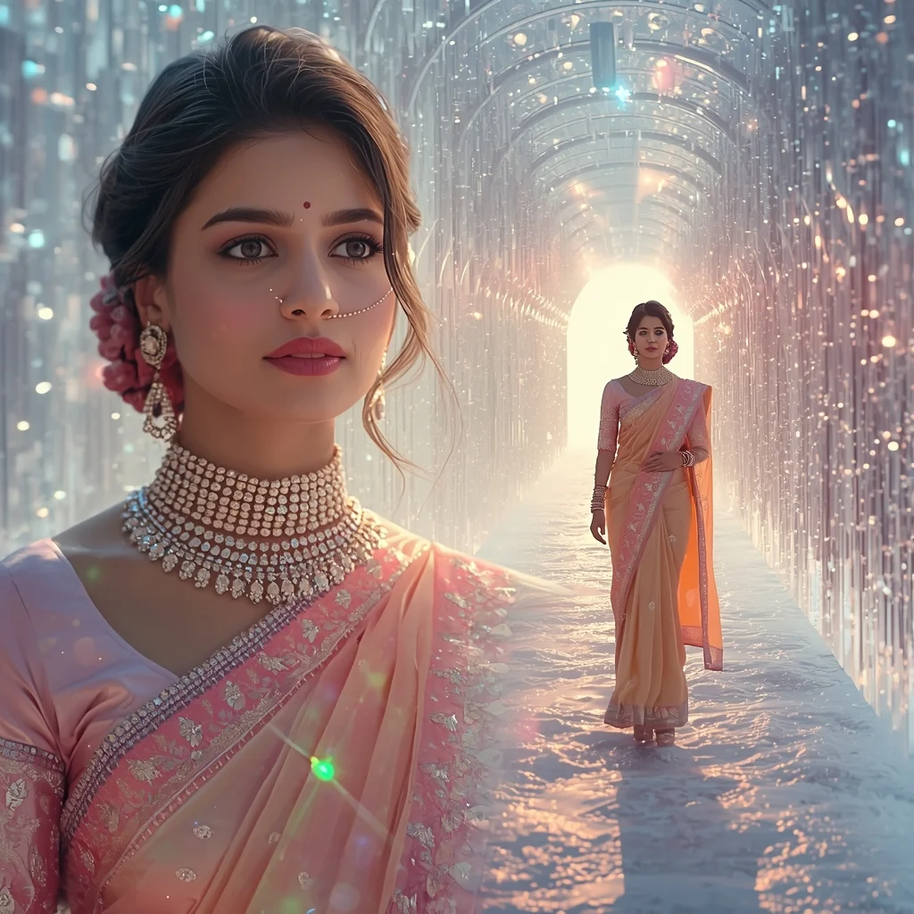 Festive Pastel Saree Enchanting Ethereal Crystal Tunnel Collage | Magical Fantasy Prompt | Saree Instagram Ai Prompt