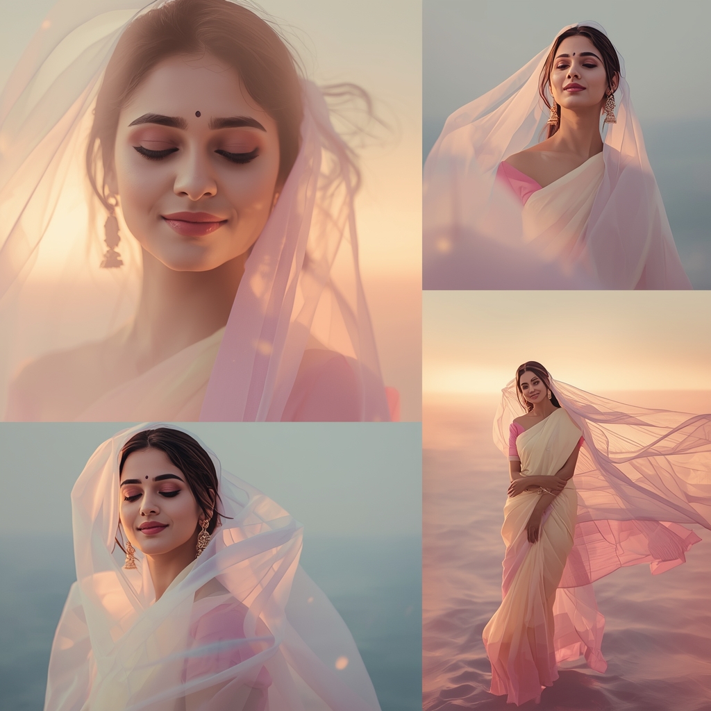 Festive Pastel Saree Ethereal Glow Horizon Drift Flow Collage | Modern Saree Ai Prompt