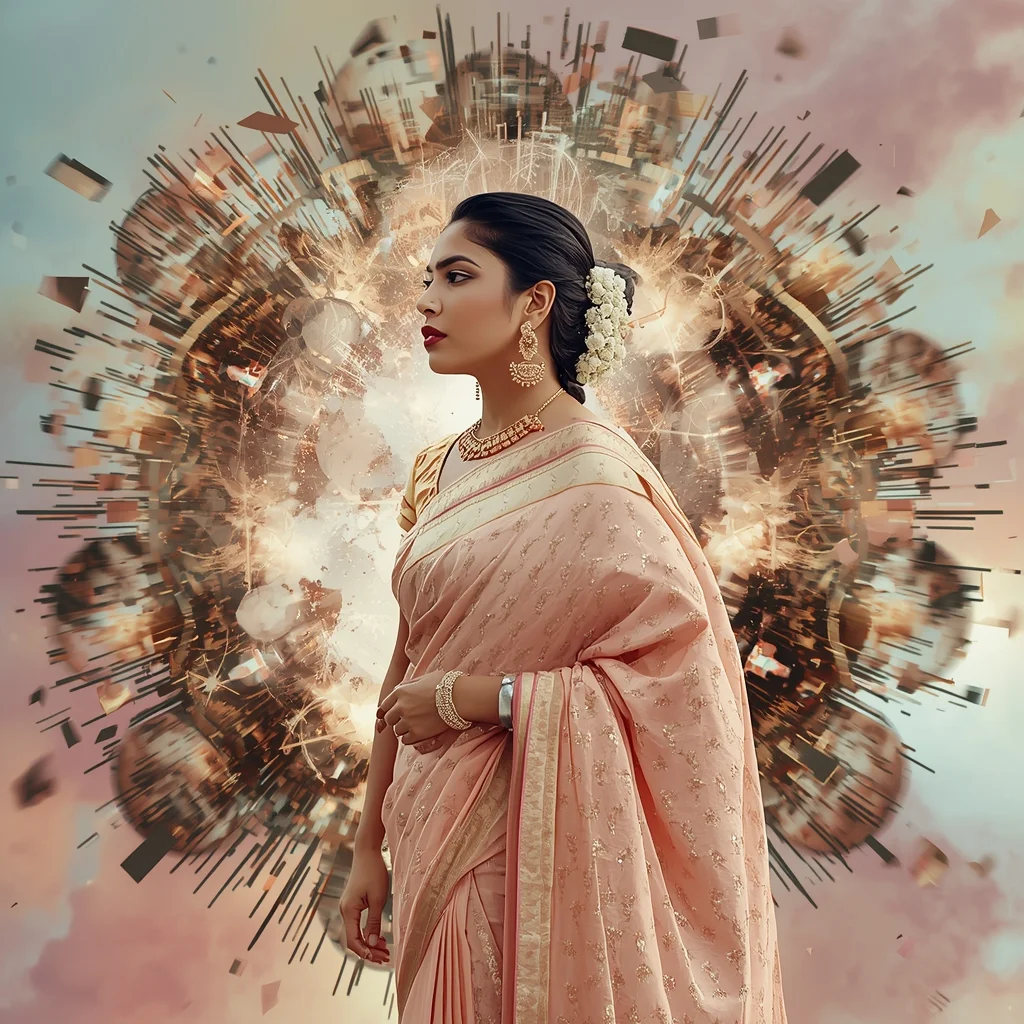 Festive Pastel Saree Exploding Celestial Quantum Clockwork Collage Modern Cinematic | Indian Saree Ai Prompt