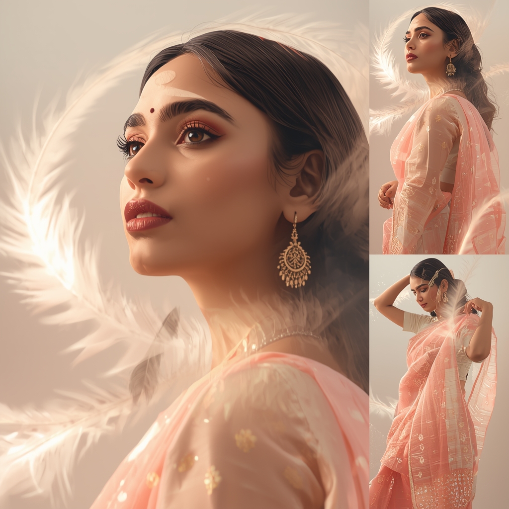 Festive Pastel Saree Feather Spiral Collage | Indian Girl Motion Texture Aesthetic Soft Cinematic Viral Prompt | Saree Pose Ai Prompt