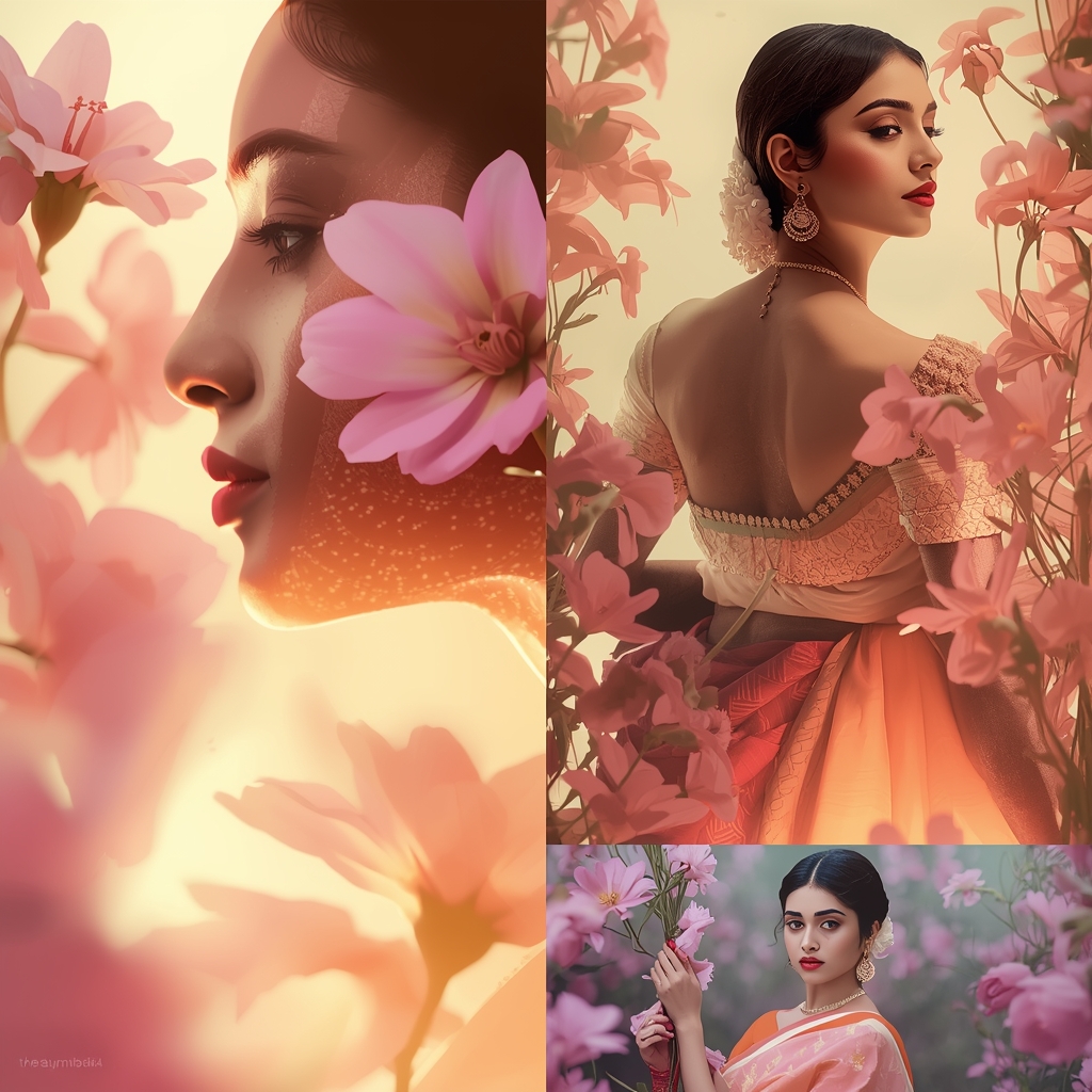 Festive Pastel Saree Floral Depth Collage | Indian Girl Layered Bloom Aesthetic Soft Cinematic Viral Prompt | Instagram Model Ai Prompt