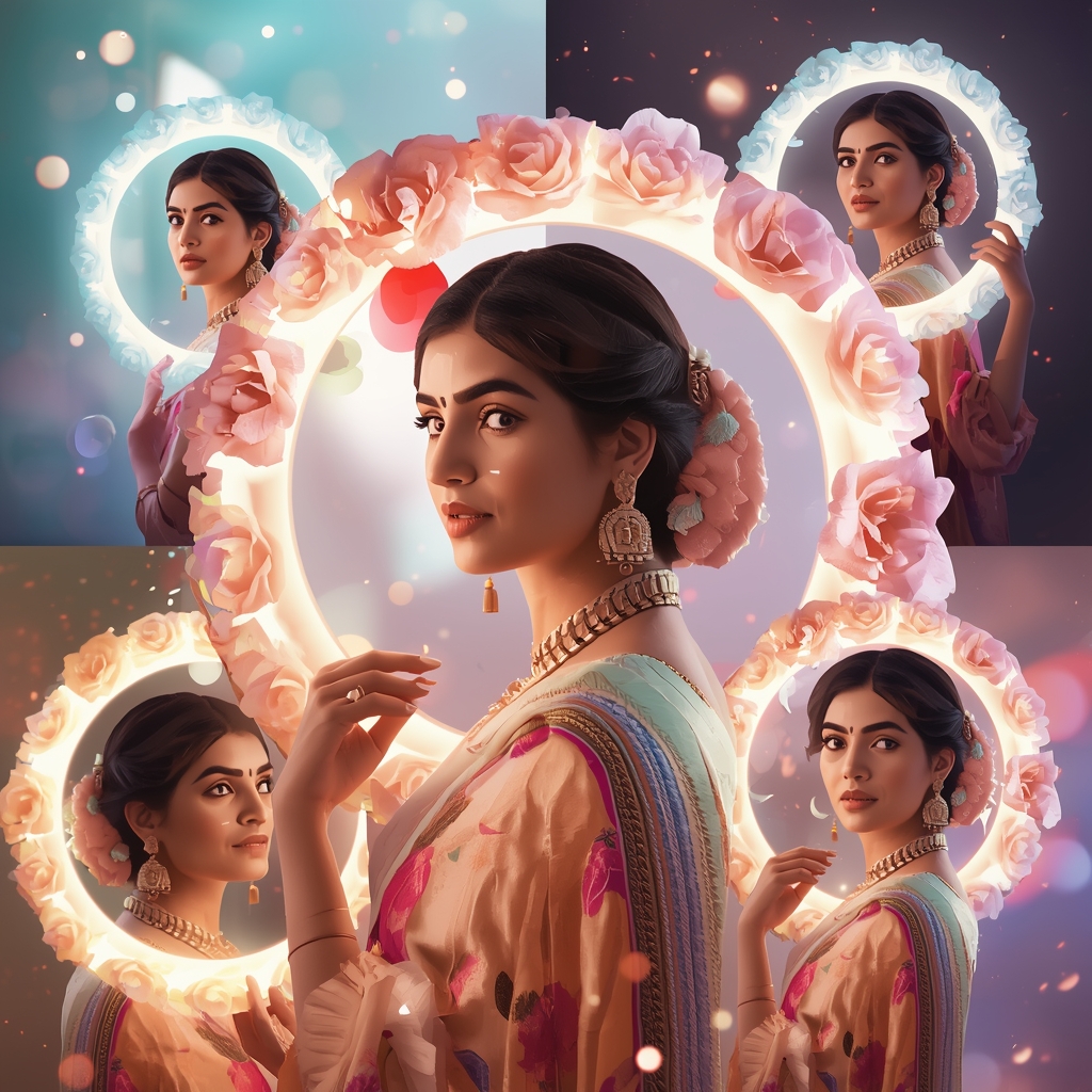 Festive Pastel Saree Floral Ring Collage | Indian Girl Bloom Frame Aesthetic Soft Cinematic Viral Prompt | Saree Prompt