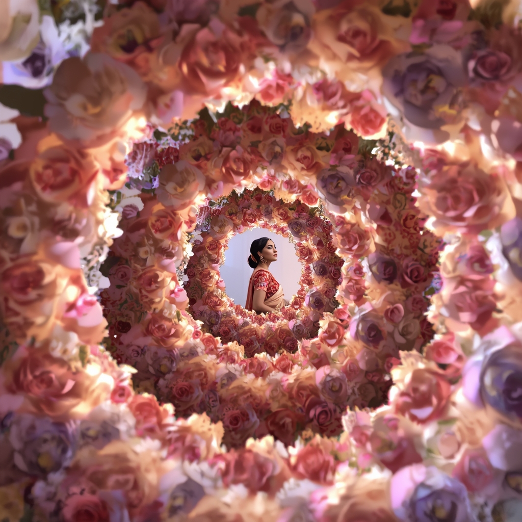 Festive Pastel Saree Floral Spiral Collage | Indian Girl Bloom Depth Aesthetic Soft Cinematic Viral Prompt | Saree Profile Pic Ai Prompt