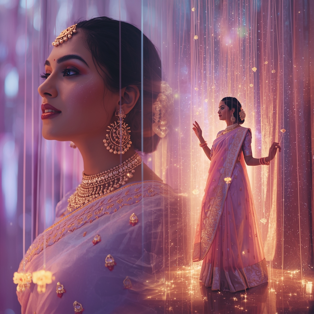 Festive Pastel Saree Forgotten Crystal God Puppet Nebula Collage | Dark Divine Prompt | Saree Whatsapp Dp Ai Prompt