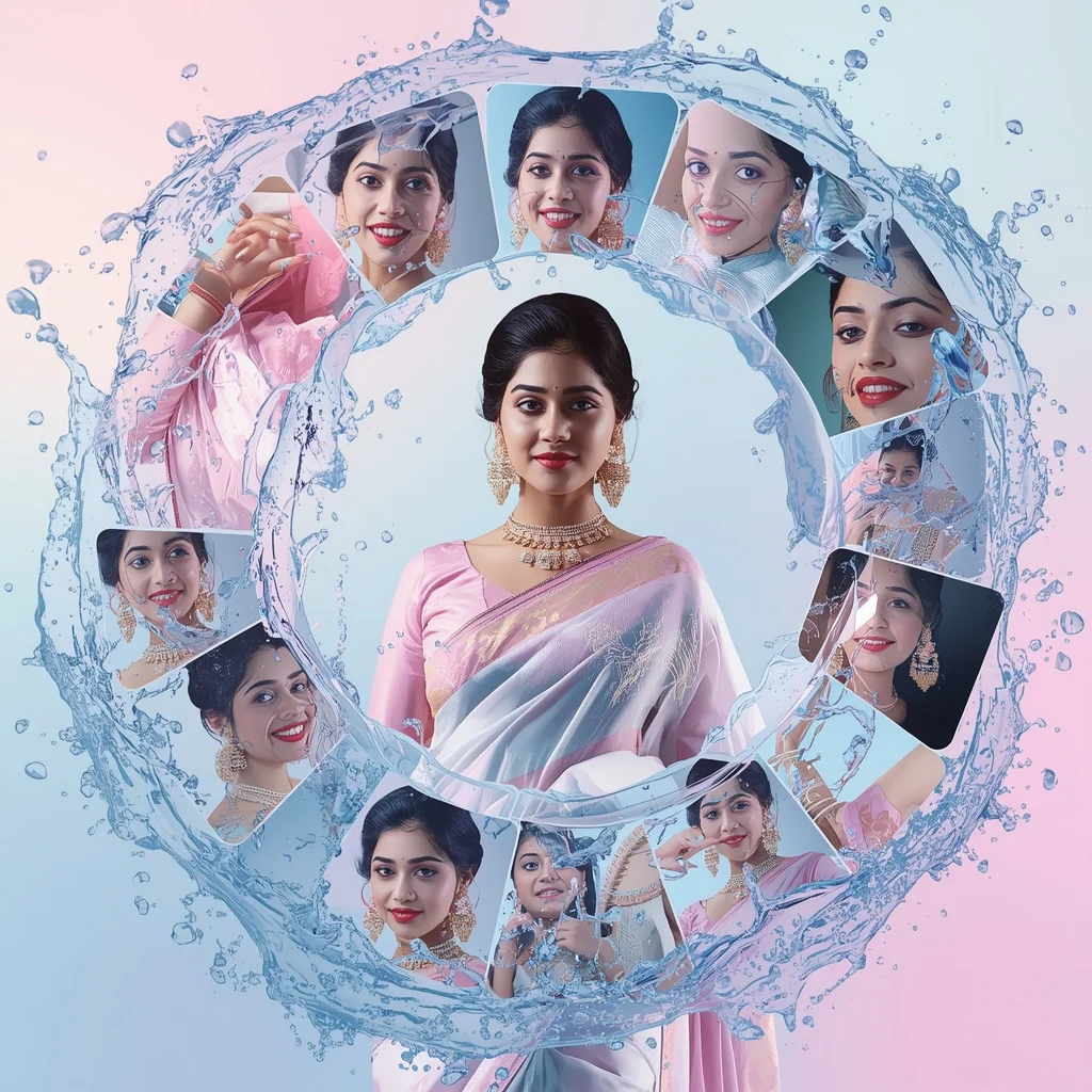 Festive Pastel Saree Frozen Water Splash Helix Collage Premium Cinematic | Saree Prompt For Gemini Ai