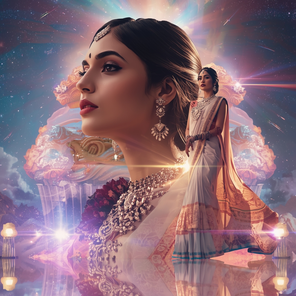 Festive Pastel Saree Giant Screaming Crystal Cupcake Nebula Collage | Whimsical Chaos Prompt | Beautiful Saree Girl Ai Prompt Cinematic