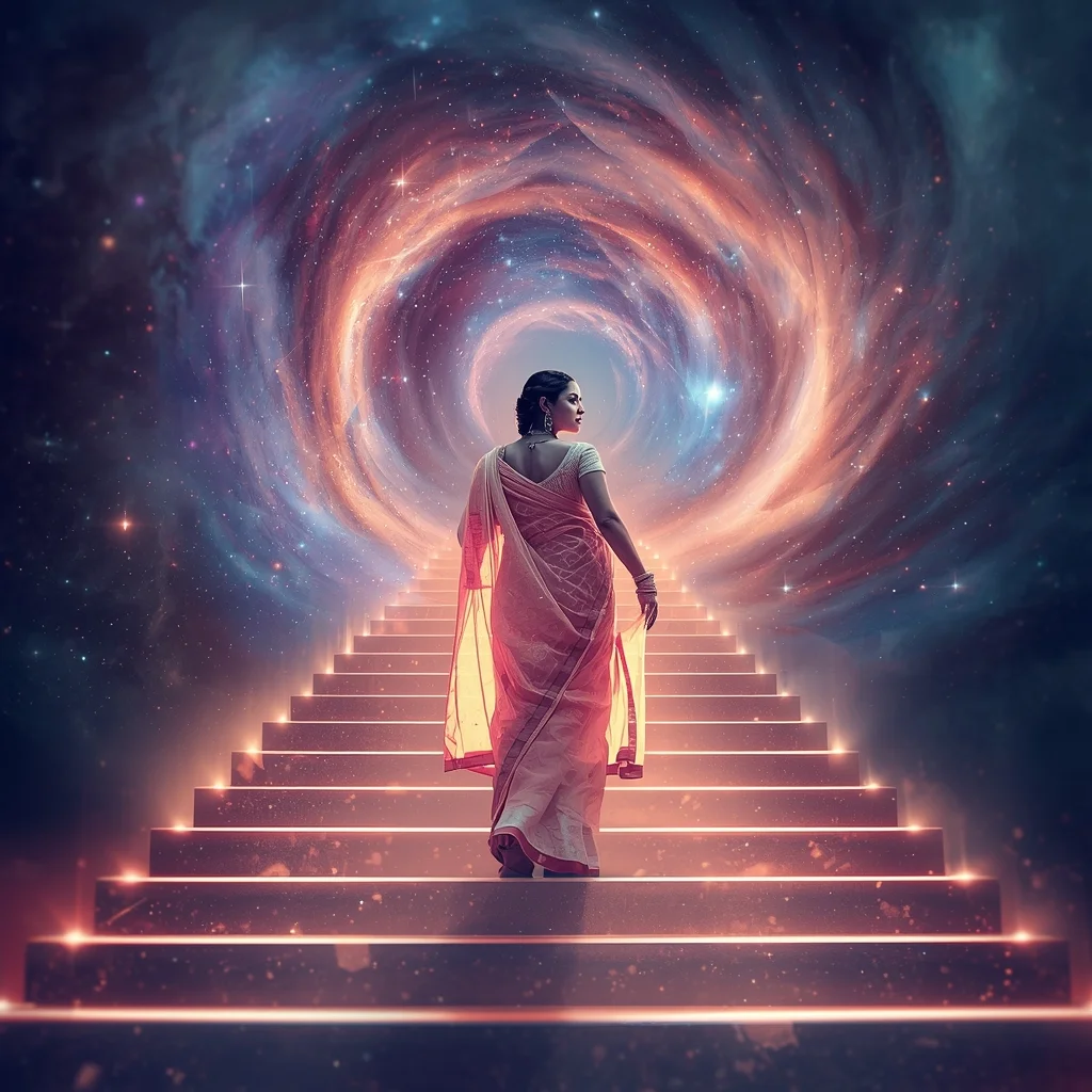 Festive Pastel Saree Grand Infinite Cosmic Staircase Collage | Majestic Nebula Prompt | Desi Saree Ai Prompt