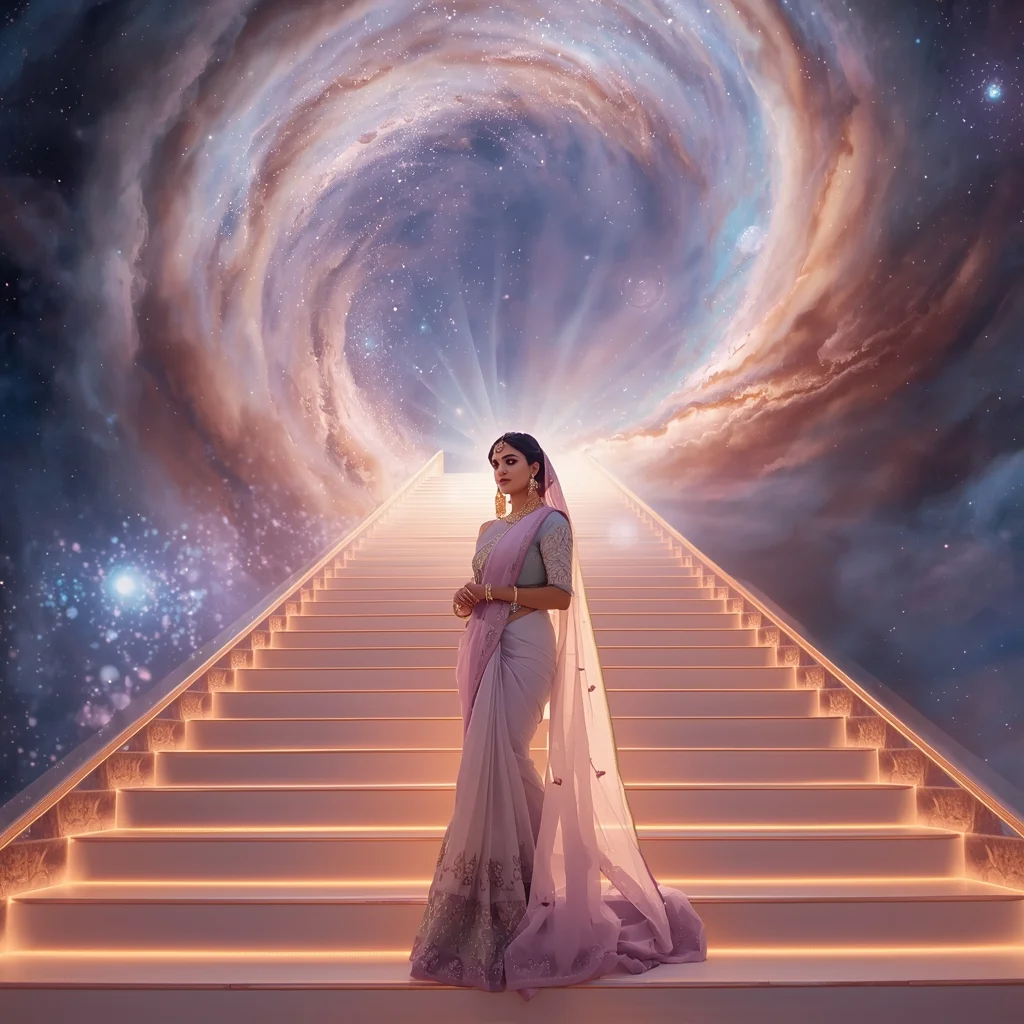 Festive Pastel Saree Grand Majestic Infinite Cosmic Staircase Collage | Nebula Galaxy Prompt | Saree Pose Ai Prompt For Image Generation