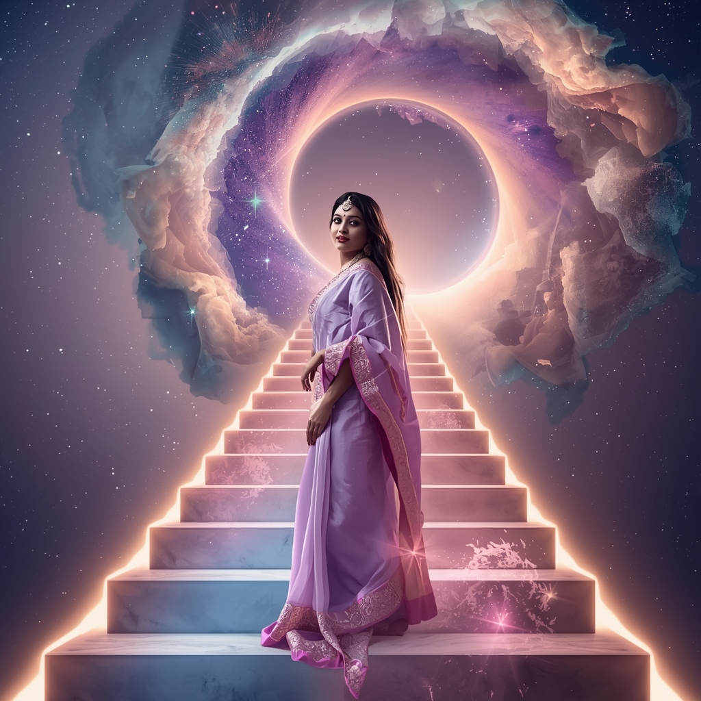 Festive Pastel Saree Grand Majestic Infinite Cosmic Staircase Collage | Nebula Galaxy Prompt | Saree Prompt For Instagram