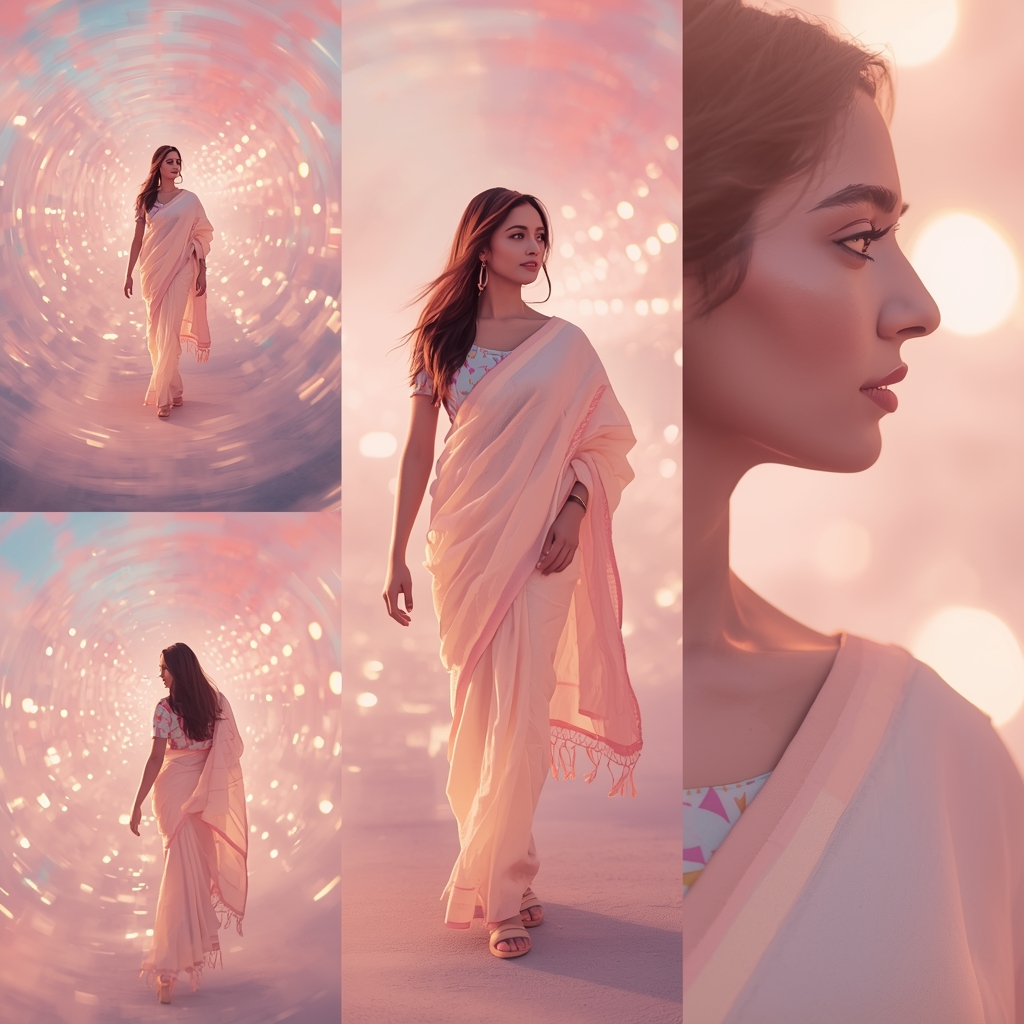 Festive Pastel Saree Horizon Spiral Collage | Indian Girl Light Motion Aesthetic Soft Cinematic Viral Prompt | Saree Trending Ai Prompt