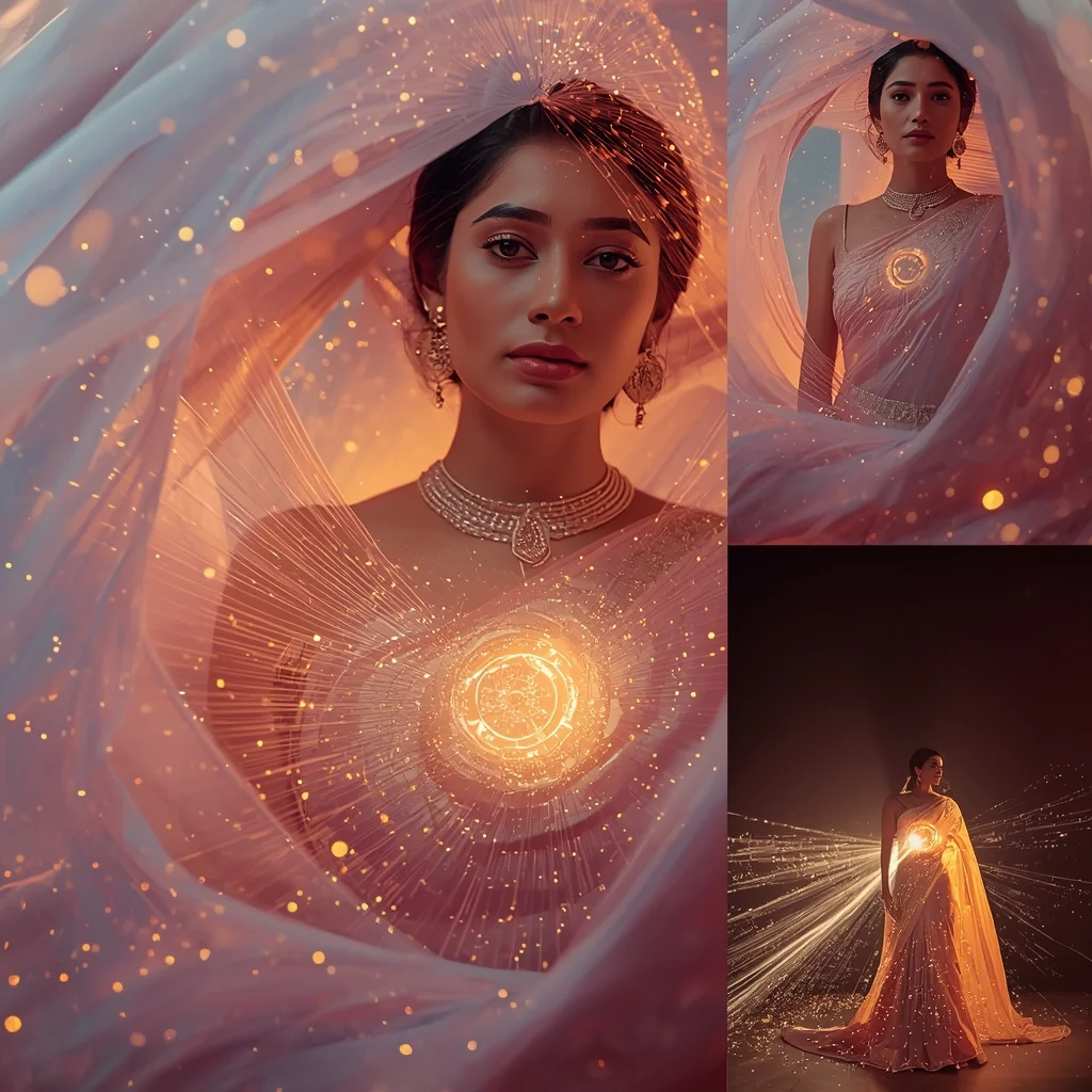 Festive Pastel Saree Hypnotic Ripple Vortex Energy Core Collage | Mesmerizing Glow Prompt | Bridal Saree Ai Prompt