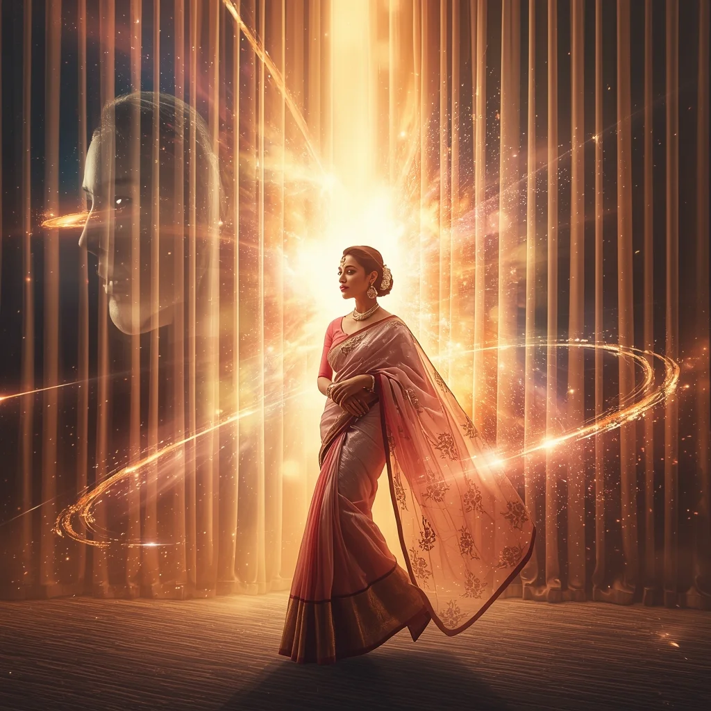 Festive Pastel Saree Imperial Cosmic Curtain Galaxy Burst Collage | Regal Symphony Prompt | Gemini Saree Ai Photo Prompt