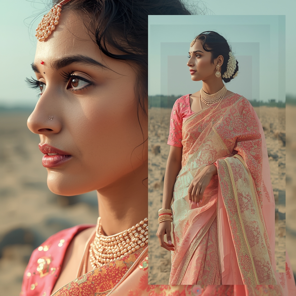 Festive Pastel Saree Infinite Dimensional Overlap Collage | Layered Worlds Luxury Prompt | Saree Aesthetic Ai Prompt For Pinterest