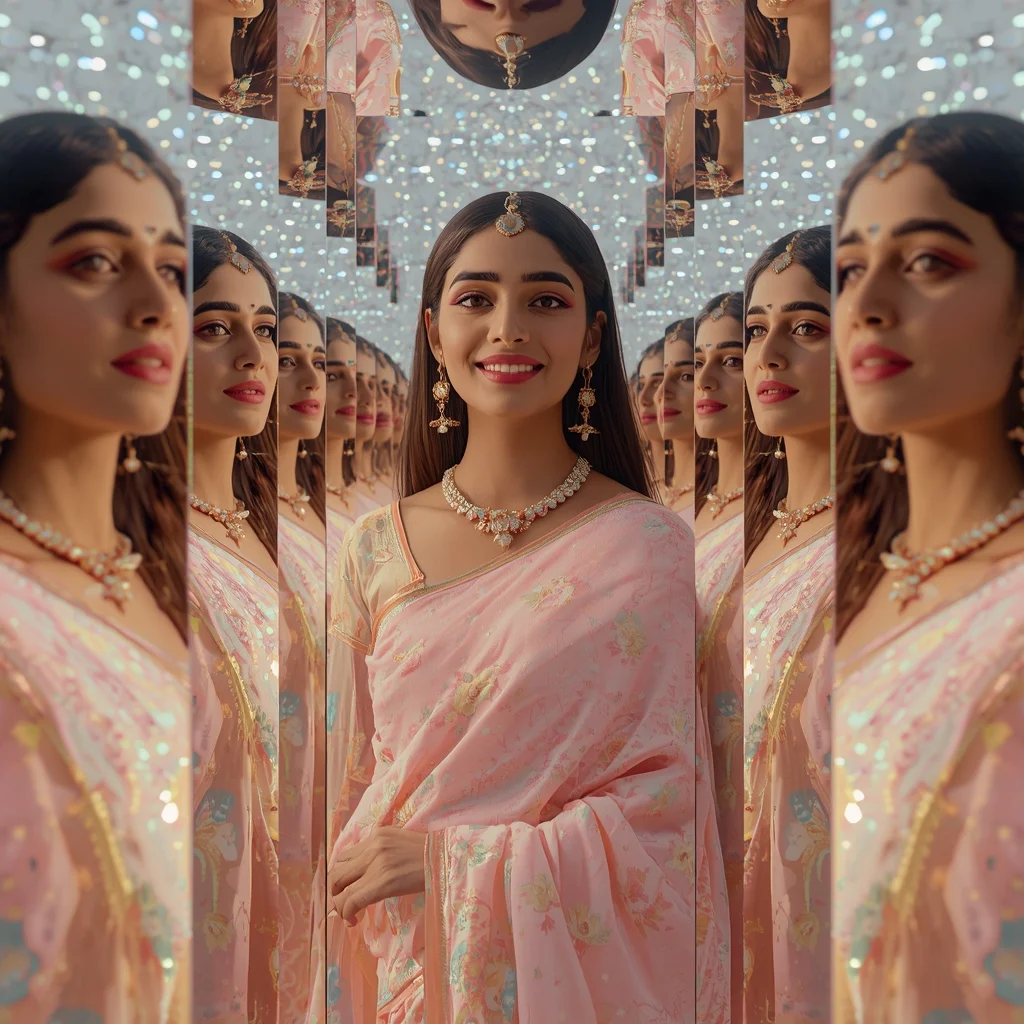 Festive Pastel Saree Infinite Mirror Prism Loop Collage Luxury Cinematic | Prompt For Traditional Look For Girl Instagram