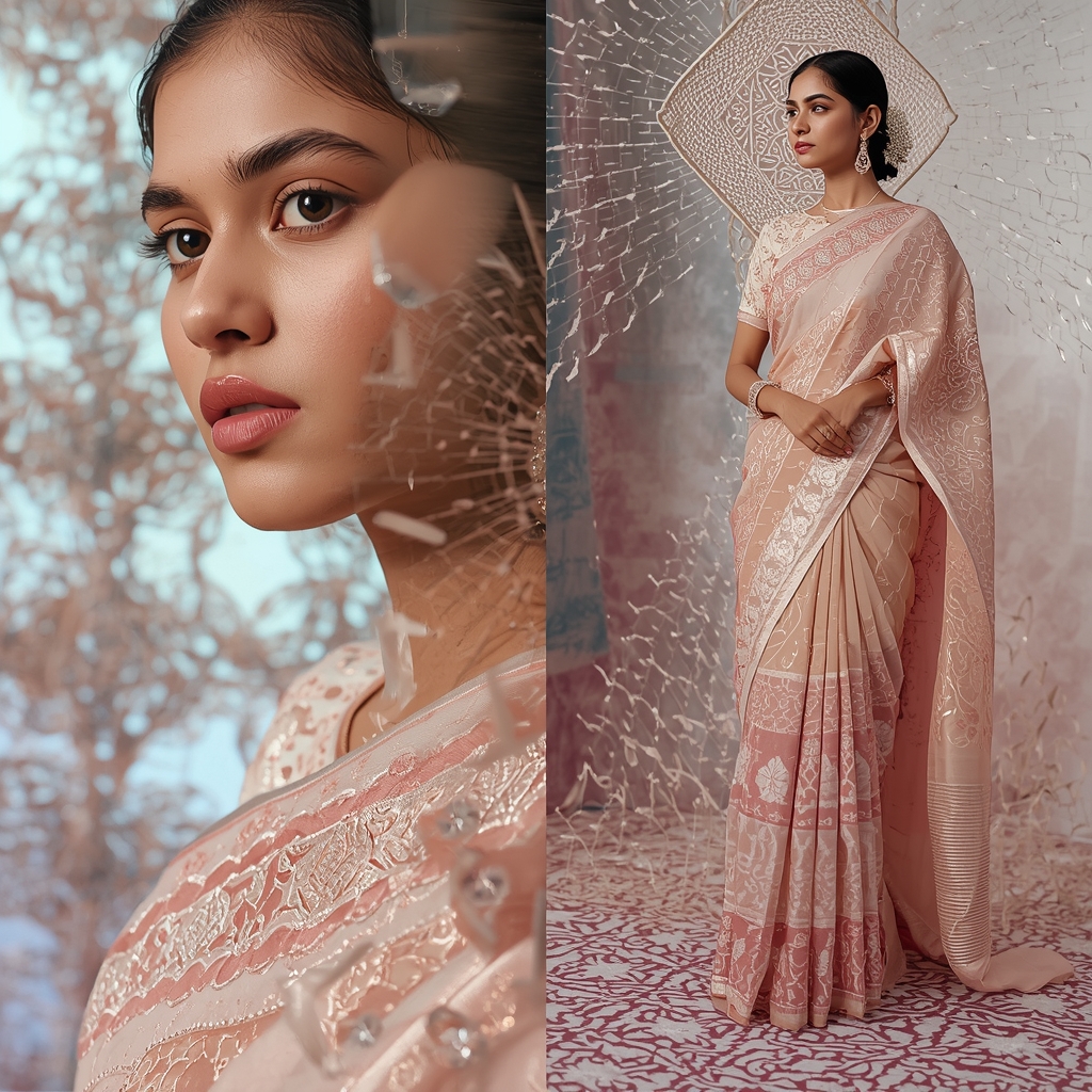 Festive Pastel Saree Infinite Pattern Emergence Collage | Hidden Order Luxury Prompt | Saree Aesthetic Ai Prompt For Pinterest