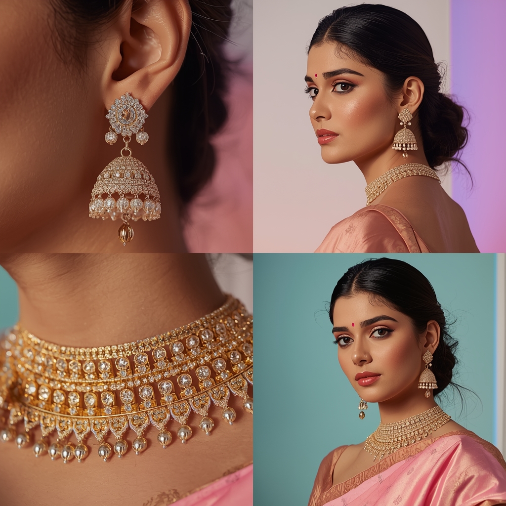 Festive Pastel Saree Jewelry Highlight Collage | Indian Girl Premium Detail Aesthetic Cinematic Viral Prompt | Saree Photoshoot Ai Prompt