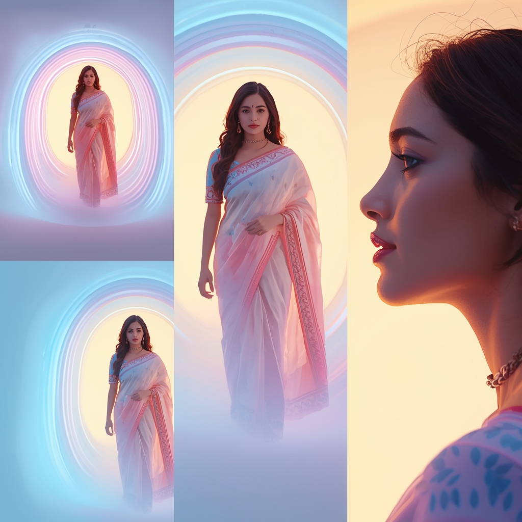 Festive Pastel Saree Light Tunnel Collage | Indian Girl Depth Glow Aesthetic Soft Cinematic Viral Prompt | Saree Prompt Copy Paste