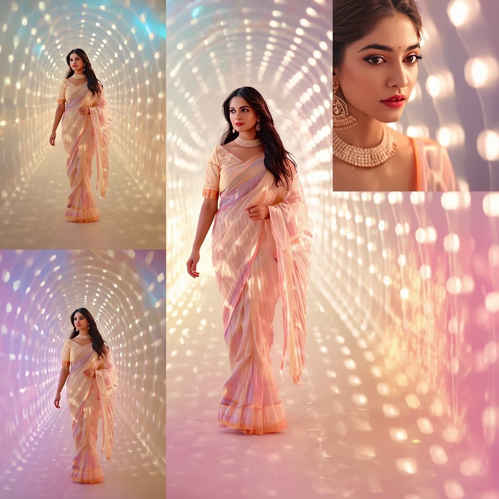 Festive Pastel Saree Light Tunnel Collage | Indian Girl Pattern Glow Aesthetic Soft Cinematic Viral Prompt | Saree Look Ai Prompt