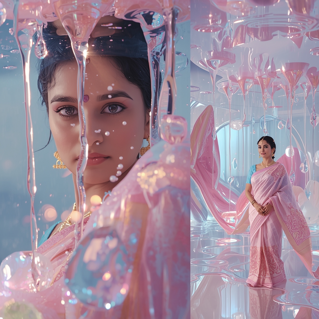 Festive Pastel Saree Liquid Crystal Mirror Lava Storm Collage | Sweet Surreal Prompt | Saree Prompt For Gemini