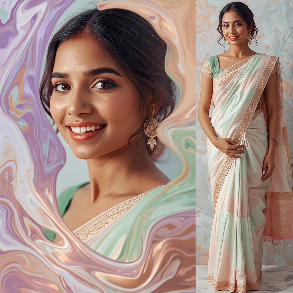 Festive Pastel Saree Marble Flow Collage | Indian Girl Artistic Texture Aesthetic Soft Cinematic Viral Prompt | Beautiful Saree Girl Ai Prompt