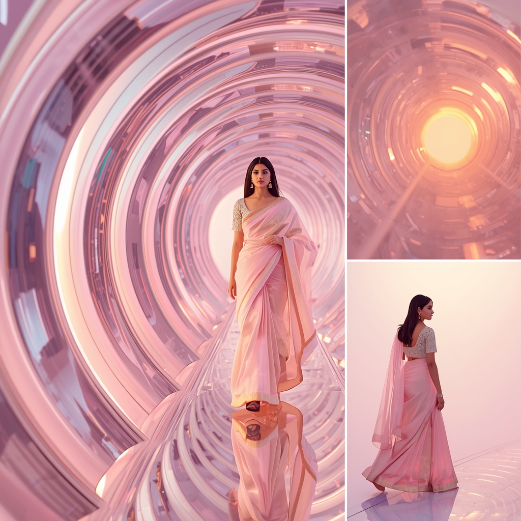 Festive Pastel Saree Mirror Spiral Collage | Indian Girl Reflection Motion Aesthetic Soft Cinematic Viral Prompt | Saree Prompt For Instagram