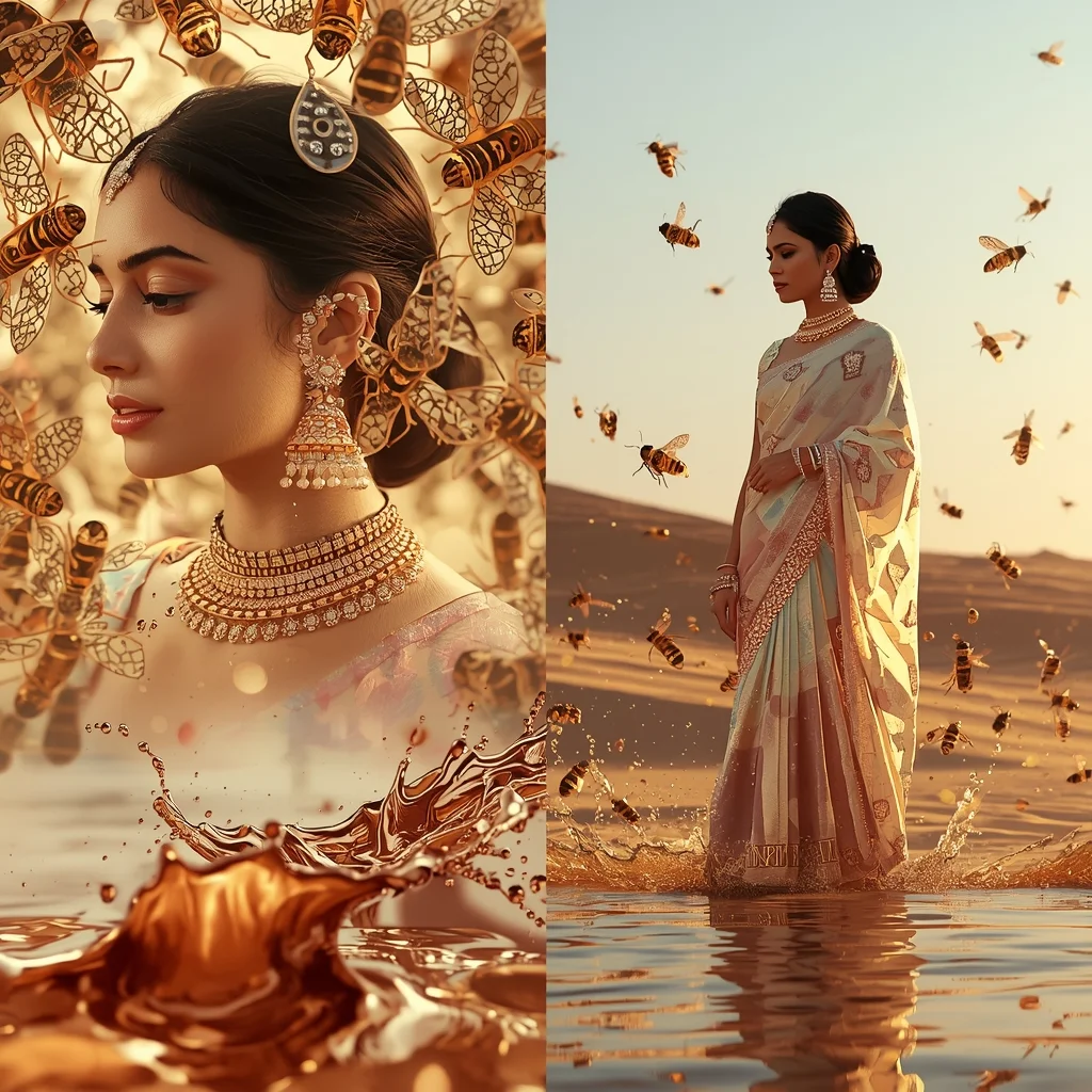 Festive Pastel Saree Nano-Robotic Swarm Liquid Rose-Gold Oasis Collage | Living Magnetic Fabric Prompt | Saree Instagram Ai Prompt