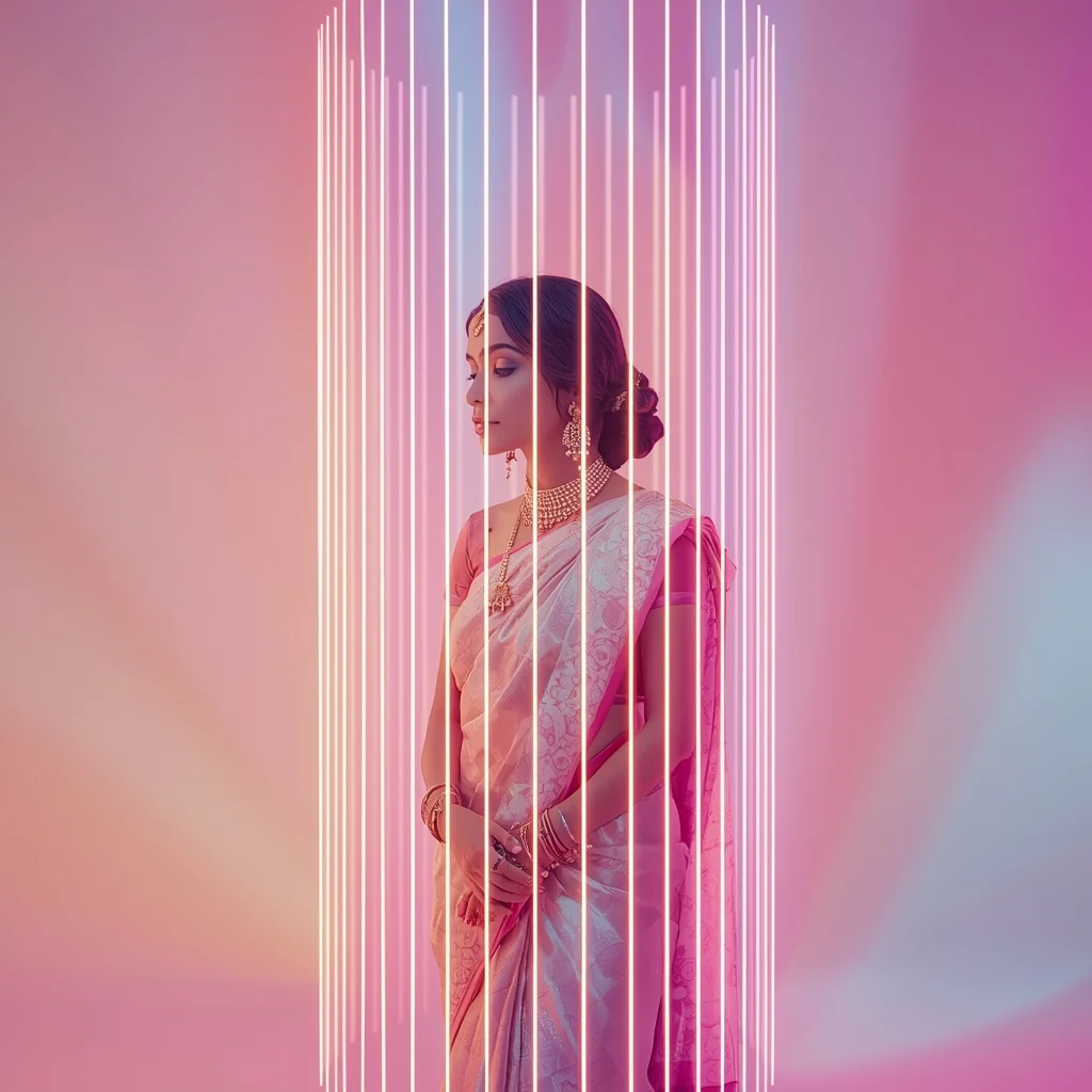 Festive Pastel Saree Neon Pulse Audio Wave Cylinder Collage Modern Cinematic | Best Ai Prompts For Images