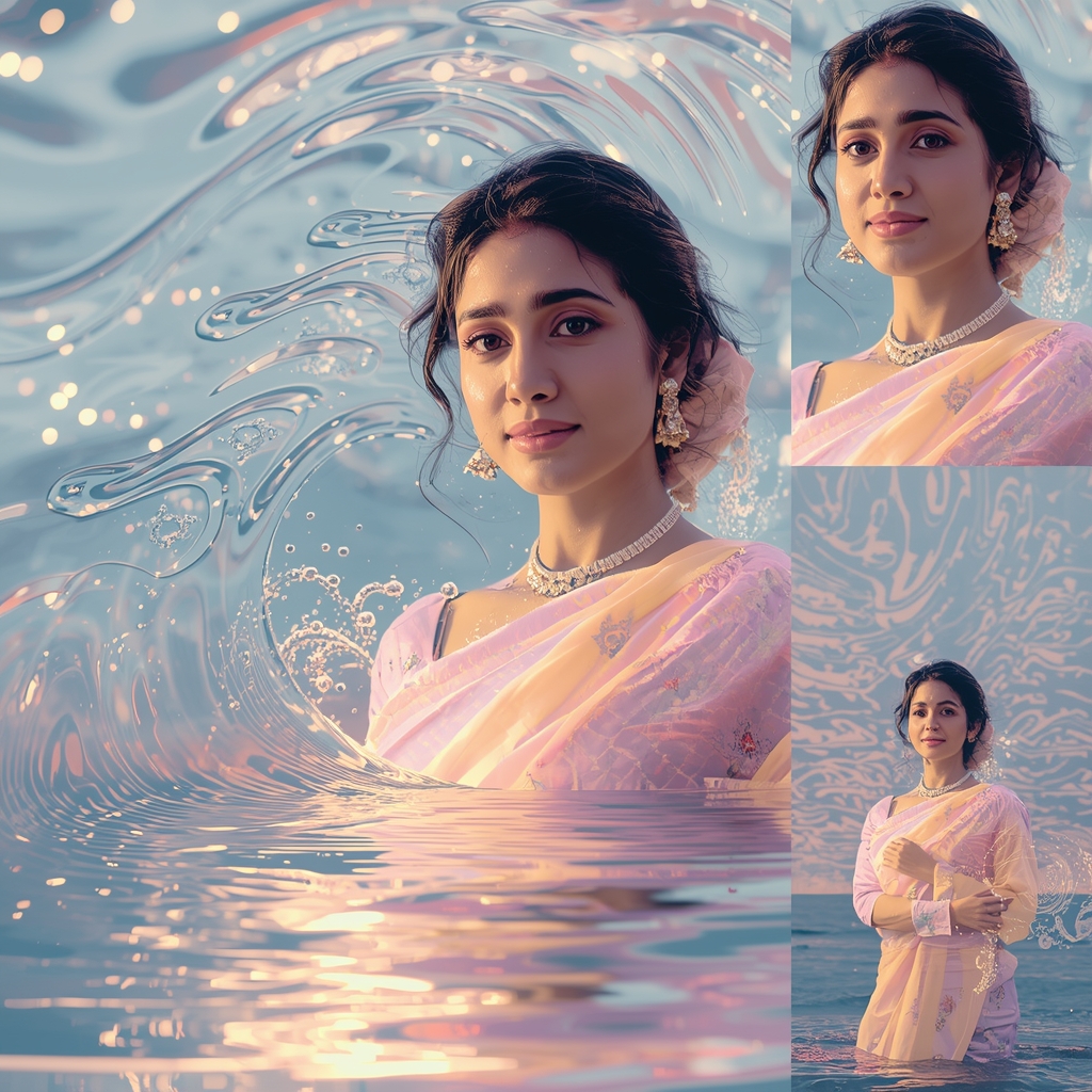 Festive Pastel Saree Ocean Glow Drift Pulse Flow Collage | Saree Prompt For Gemini Ai
