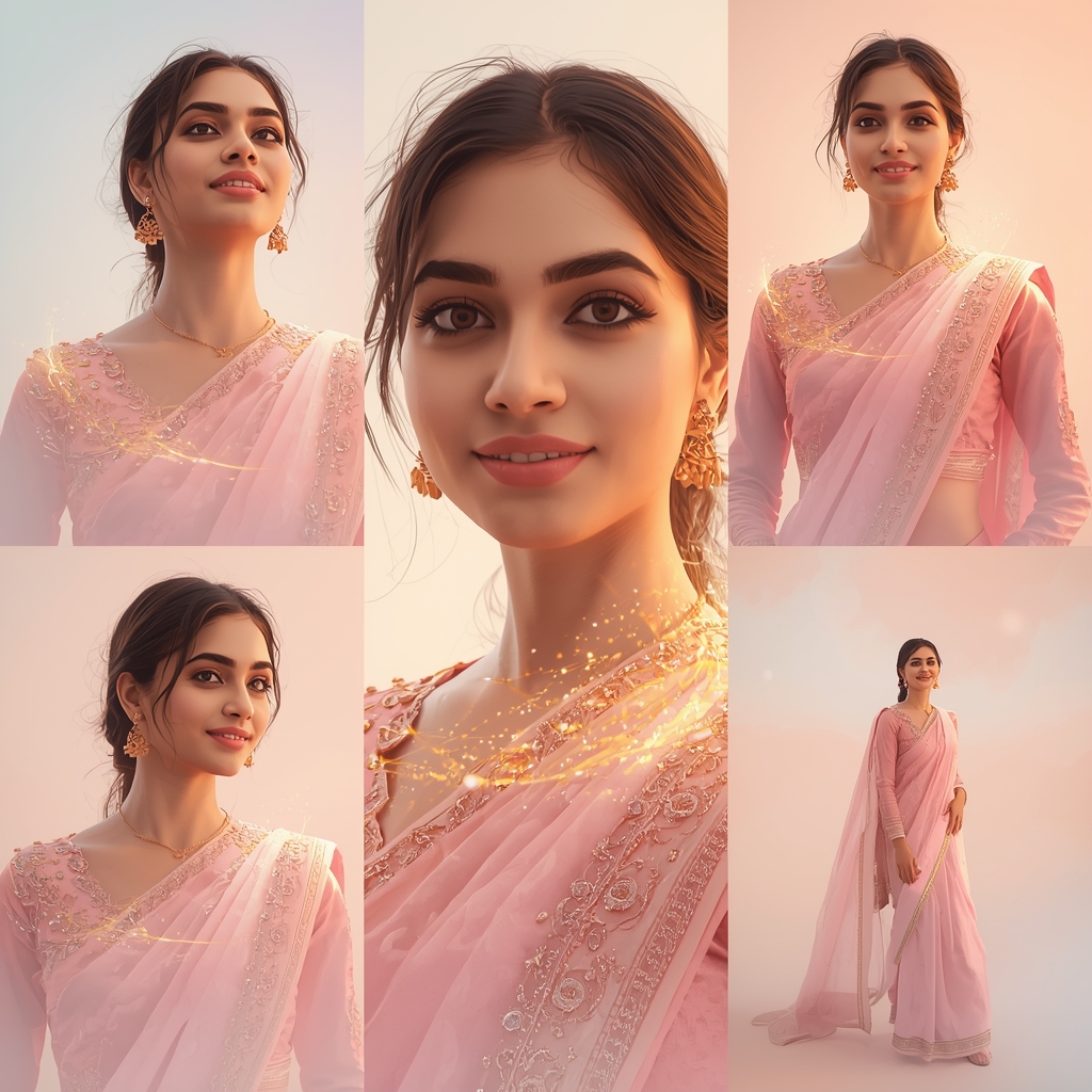 Festive Pastel Saree Particle Swirl Collage | Indian Girl Light Motion Aesthetic Soft Cinematic Viral Prompt | Saree Whatsapp Dp Ai Prompt