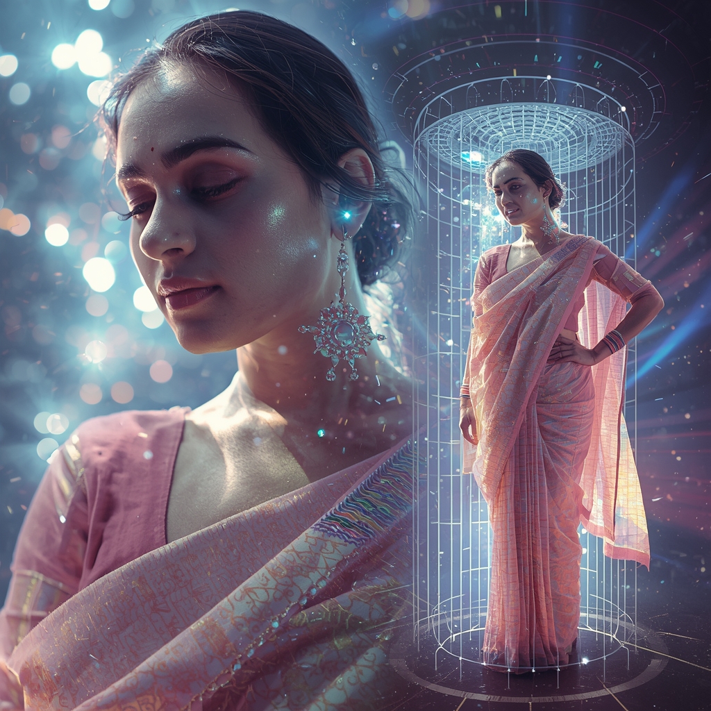 Festive Pastel Saree Quantum Magnetic Grid Tornado Collage | Hyper Futuristic Prompt | Saree Trending Ai Prompt