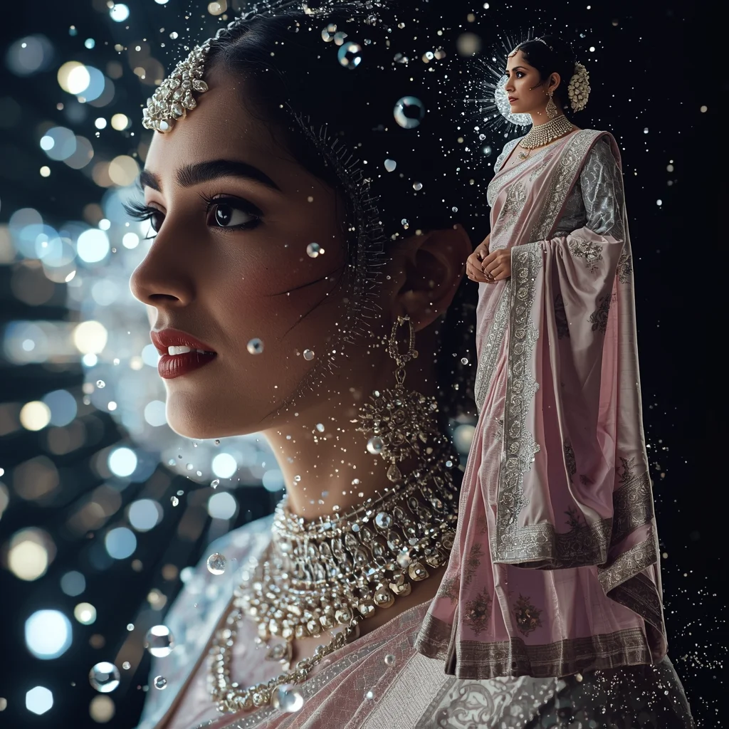 Festive Pastel Saree Quantum Particle Field Collapse Collage | Subatomic Sovereign Prompt | Saree Photo Ai Prompt