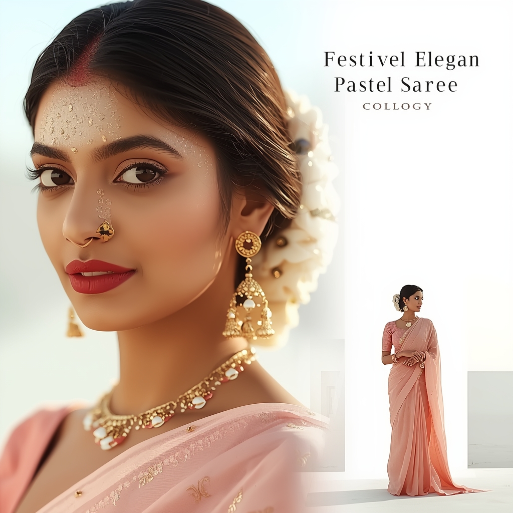 Festive Pastel Saree Reality Compresses Into Simplicity Collage | Elegant Minimalism Luxury Prompt | Saree Photoshoot Ai Prompt