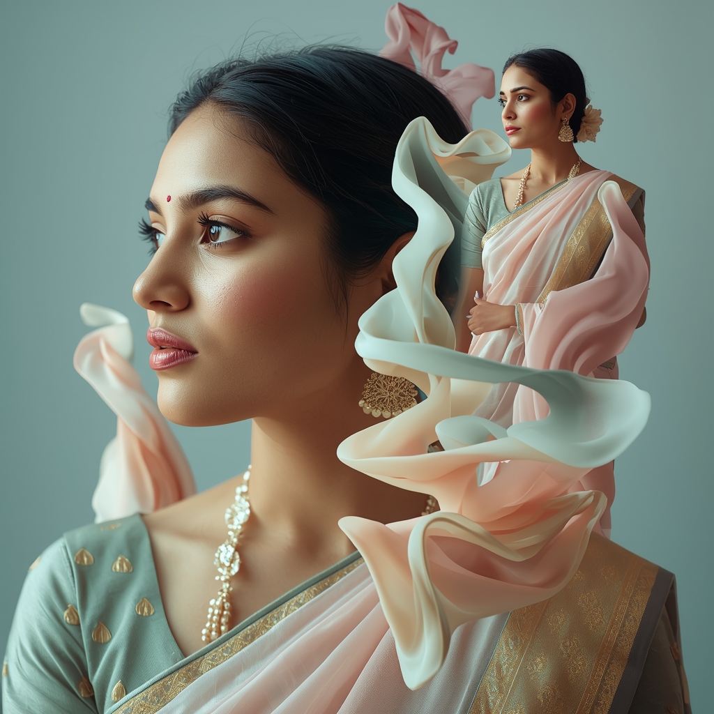 Festive Pastel Saree Reality Forms Without Structure Collage | Organic Emergence Luxury Prompt | Gemini Saree Prompt Photo