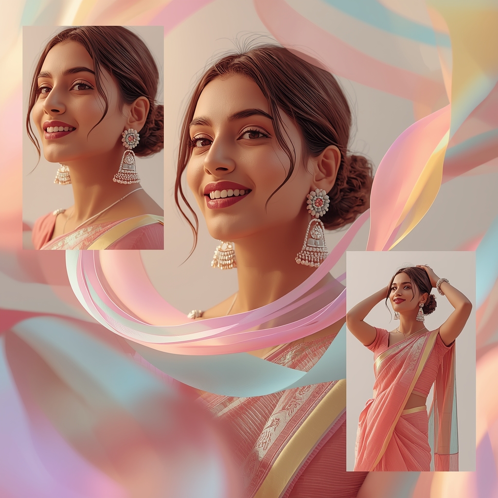 Festive Pastel Saree Ribbon Curve Collage | Indian Girl Flow Frame Aesthetic Soft Cinematic Viral Prompt | Ai Gemini Saree Prompt