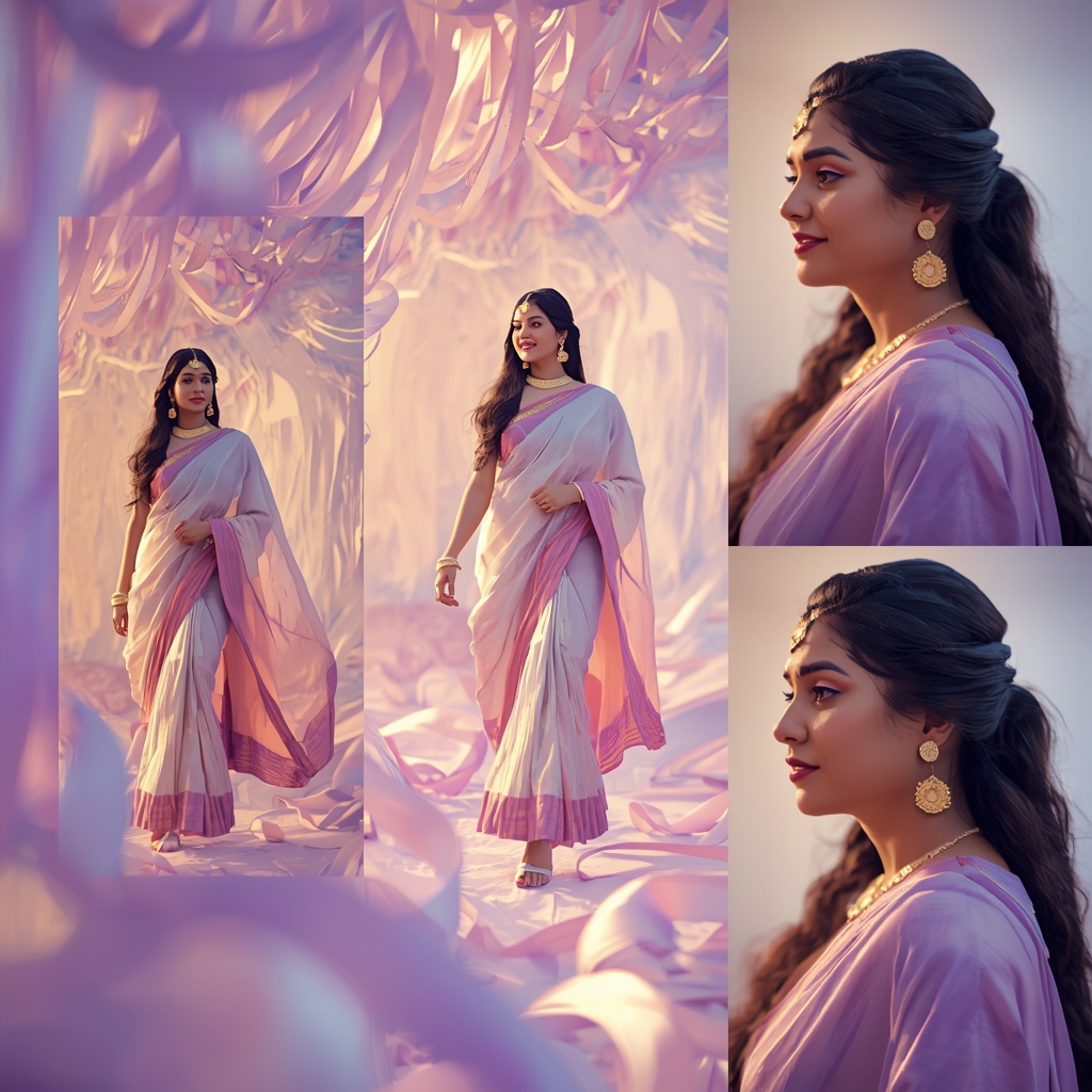 Festive Pastel Saree Ribbon Tunnel Collage | Indian Girl Flow Motion Aesthetic Soft Cinematic Viral Prompt | Saree Prompt Text To Image