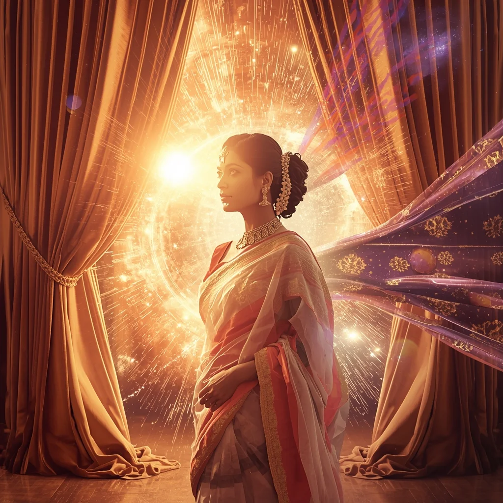 Festive Pastel Saree Royal Magnetic Curtain Cosmic Burst Collage | Grand Epic Prompt | Modern Saree Ai Prompt