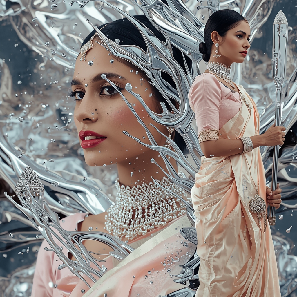 Festive Pastel Saree Sentient Mercury Symbiosis Collage | Hyper-Fluid Premium Cinematic | Secret Ai Prompt