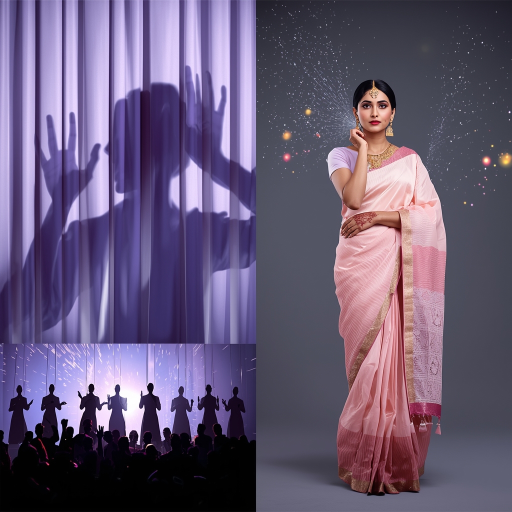 Festive Pastel Saree Shadow Crystal God Puppet Theater Collage | Theatrical Shadow Prompt | Cinematic Saree Ai Prompt