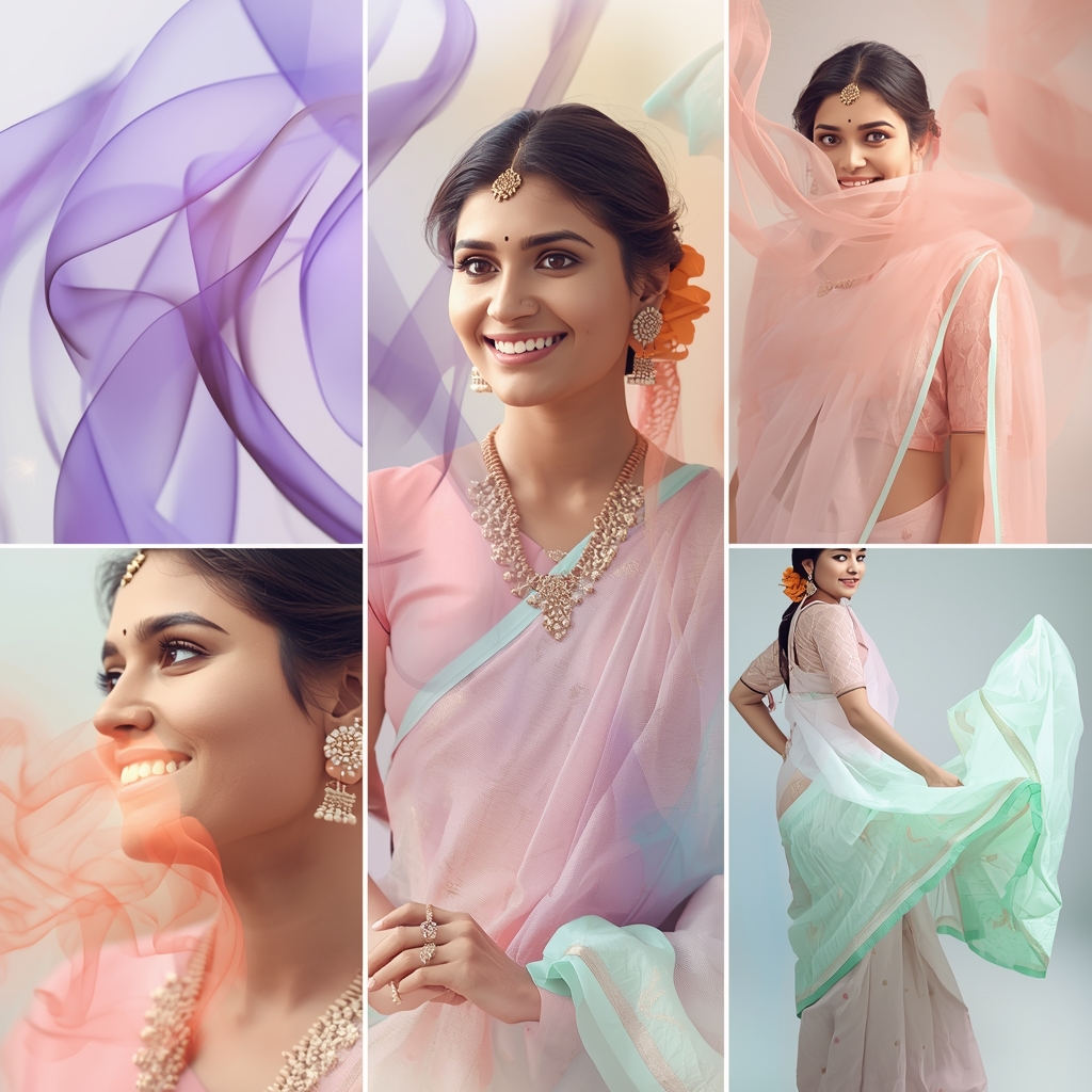 Festive Pastel Saree Smoke Ribbon Collage | Indian Girl Flow Motion Aesthetic Soft Cinematic Viral Prompt | Saree Dp Ai Prompt