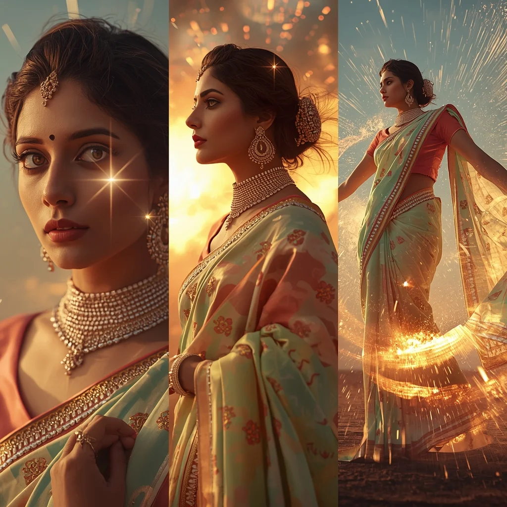 Festive Pastel Saree Solar Flare Silk Explosion Collage | Radiant Energy Couture Prompt | Gemini Ai Saree Photo