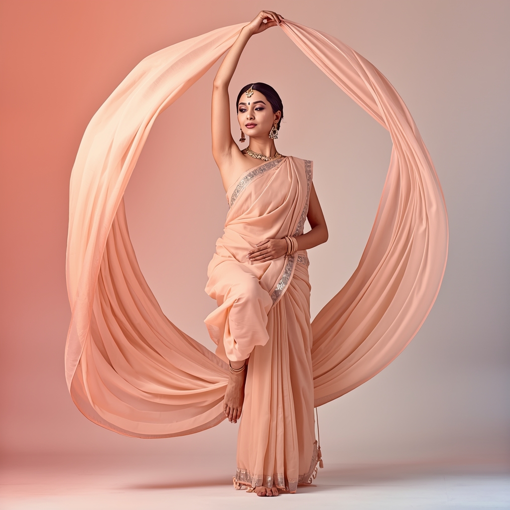 Festive Saree Girl Toe Balance Spiral Arc Dupatta Pose | Wedding Saree Ai Prompt