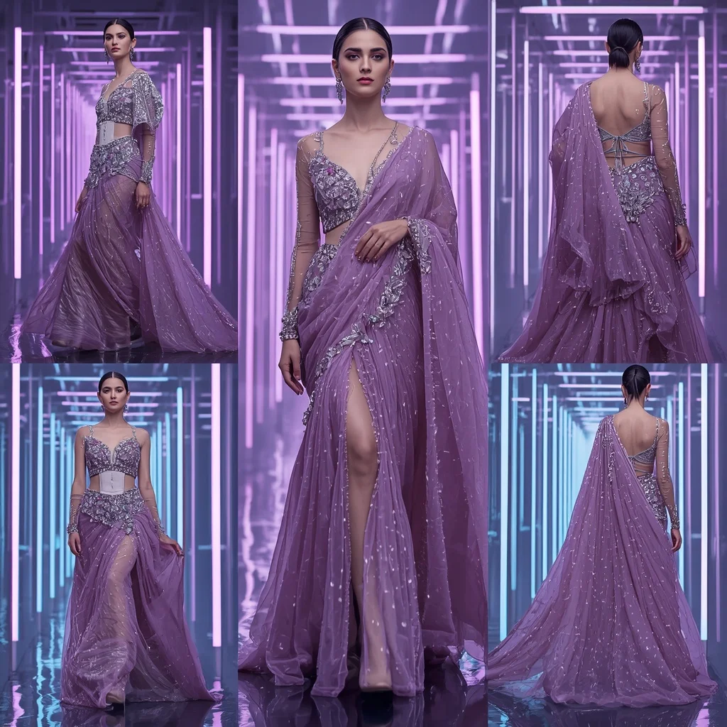 Frosted Orchid Majesty Saree with Floating Neon Corridors | Text To Image Prompt