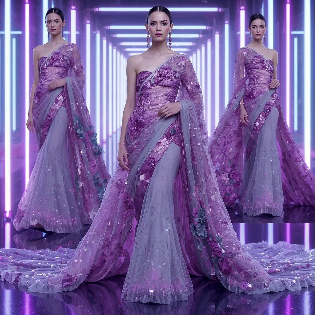Frosted Orchid Symphony Saree with Floating Neon Corridors | Instagram Girl Gemini Prompt