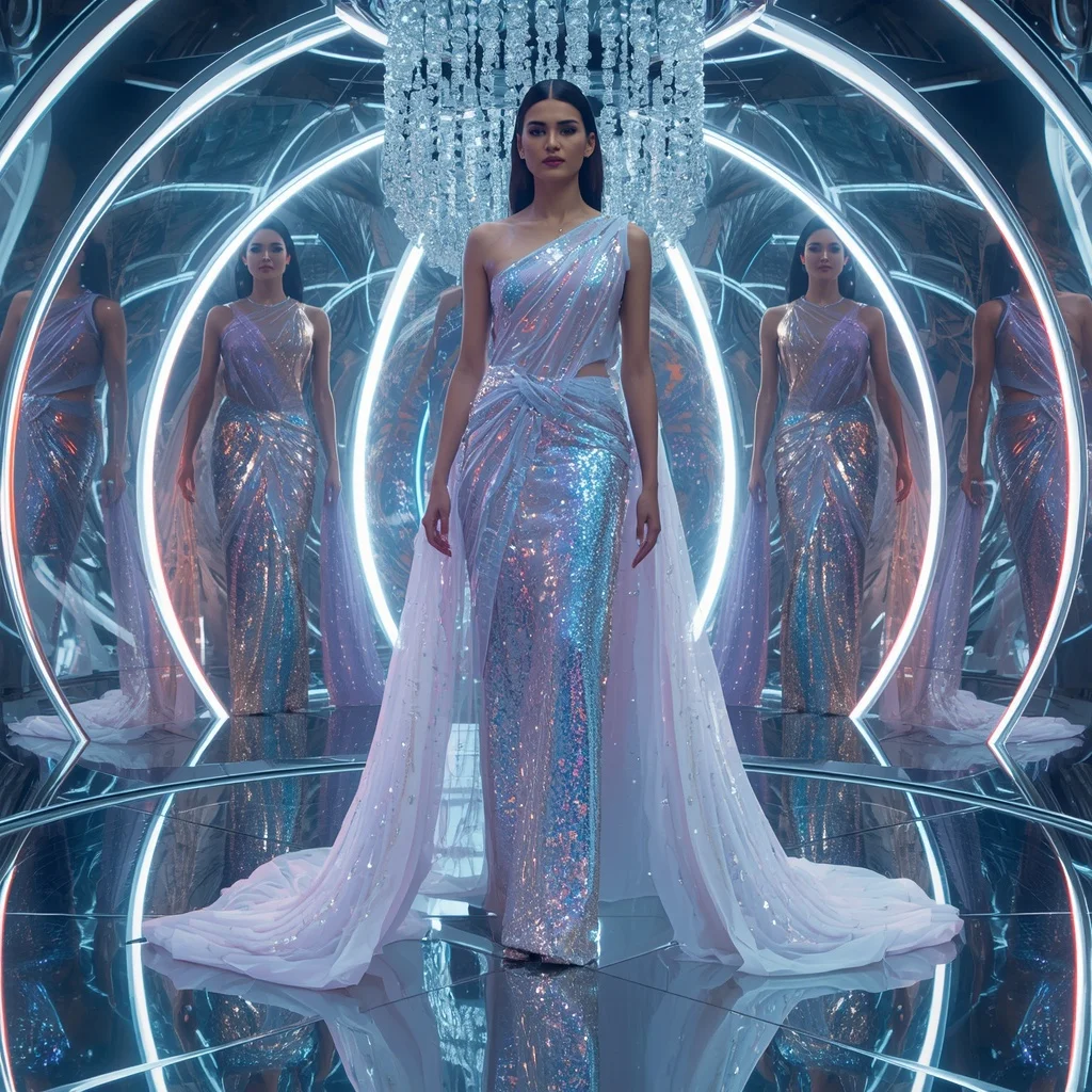 Frozen Aurora Celestial Infinity Hypergoddess Saree with Cinematic Glamour Frames and Crystal Reflection Prism Hyperdome | 4k Ai Prompt