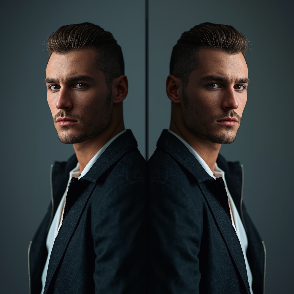Full Body Mirror Reflection Dual Angle Pose with Cinematic Masculine Depth | Ai Art Prompt