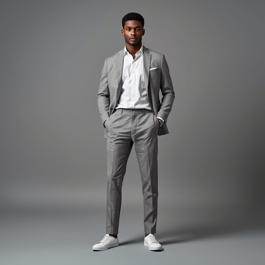 Full Body Soft Mist Grey Studio Pose with Clean Masculine Balance | Secret Ai Prompt