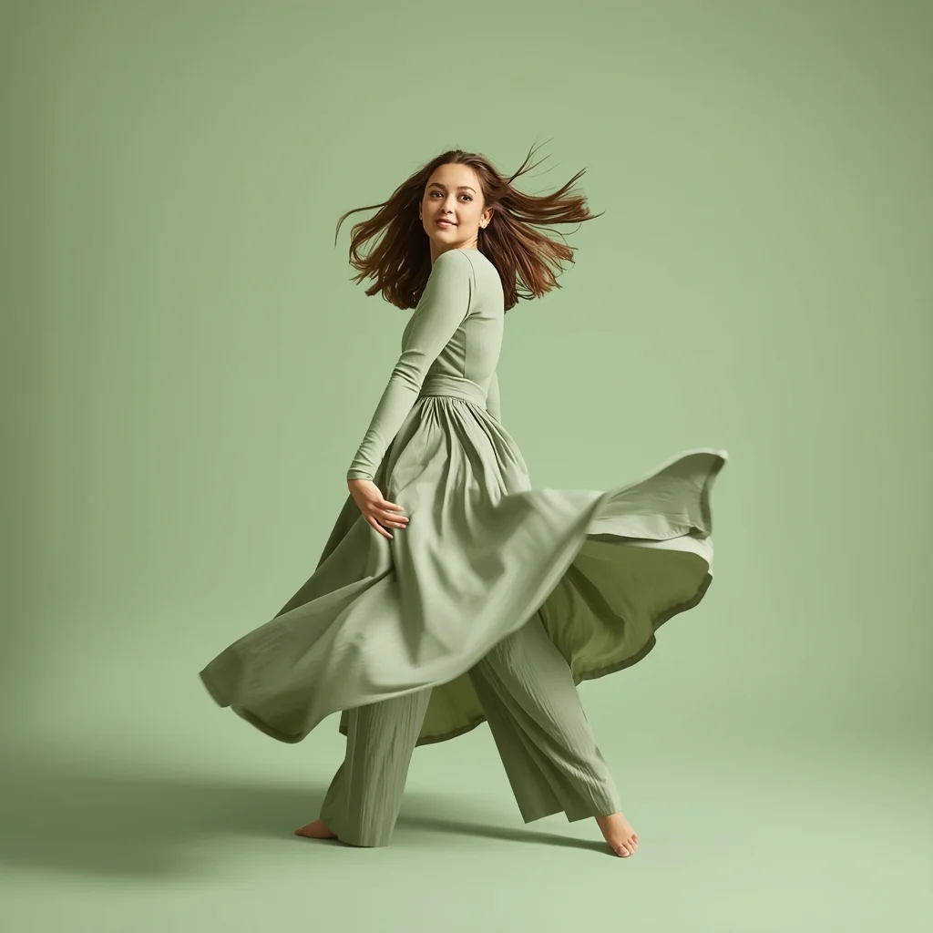 Full Body Soft Sage Green Studio Twirl Pose with Graceful Flow | Influencers Ai Prompt