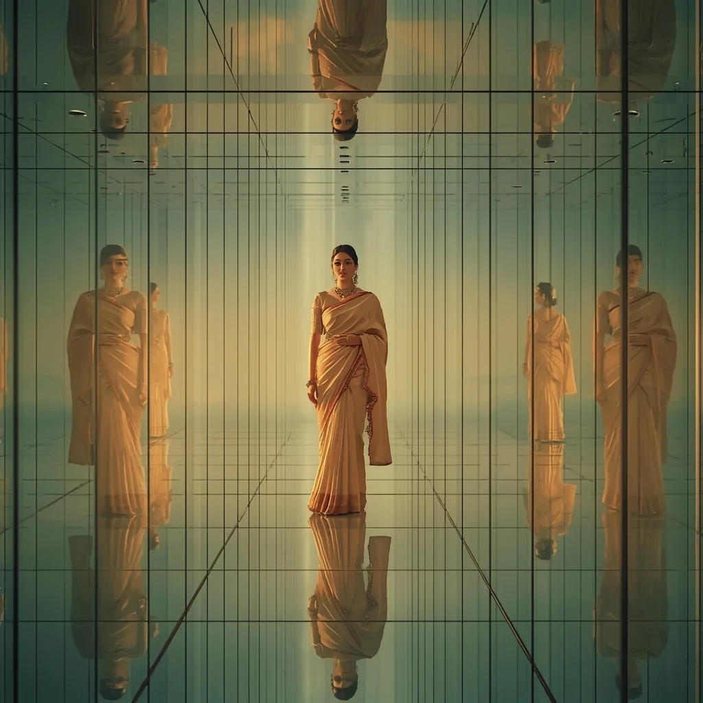 Glass Reflection Corridor Saree Prompt with Infinite Mirror Walls and Cinematic Depth Layers | Chatgpt Photo Editing Prompts Trending Instagram