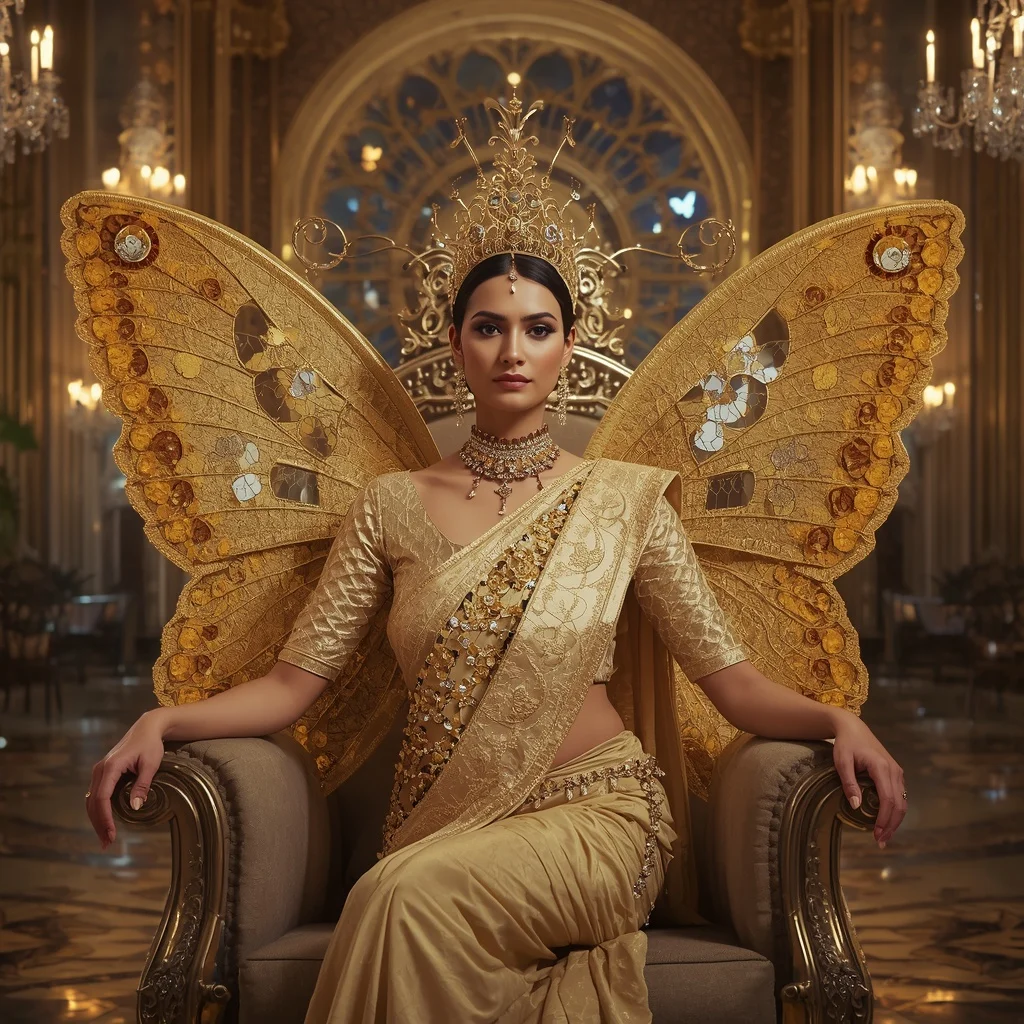 Golden Butterfly Crown Saree with Royal Jewel Cathedral Background | Image Prompt